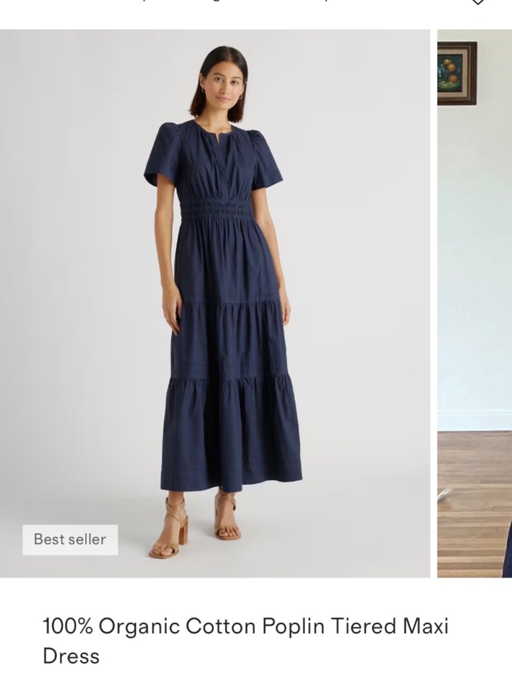 Quince Women 100% Organic Cotton Poplin Tiered Maxi Dress Navy Basic Sleeved M